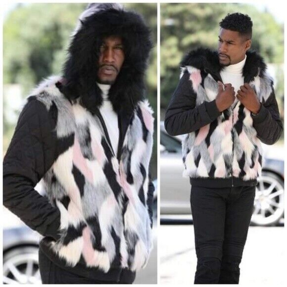 Men's Manzini Black | Ivory | Pink Faux Fur Hoody Jacket NWT